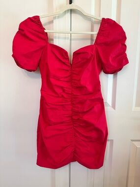Amanda Uprichard Red Puff-Sleeve Ruched Mini Dress